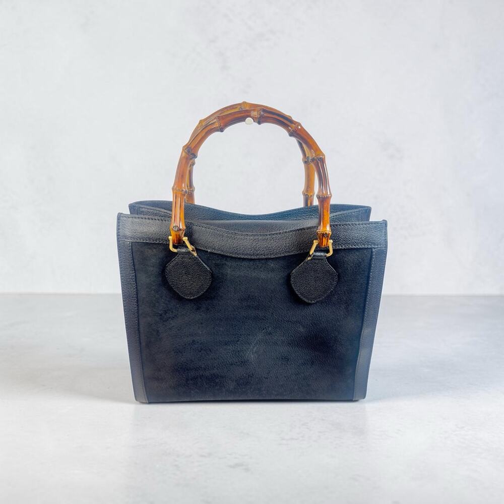 Vintage Gucci Black Suede & Leather Bamboo Handle Tote Bag Italy